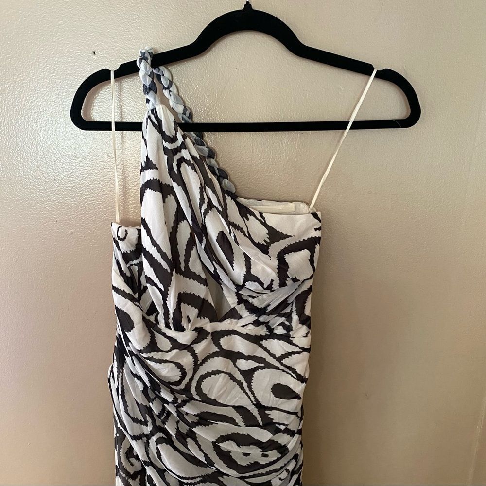 Nicholas Drue Draped Asymmetrical Midi Dress black white print braid Revolve 12 - Picture 12 of 14